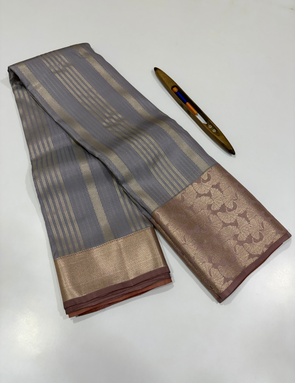 Steel Gray 50% Pure Mix Kanchi Silk Saree with Fancy Kanchi Border | Golden Brown Pallu & Blouse