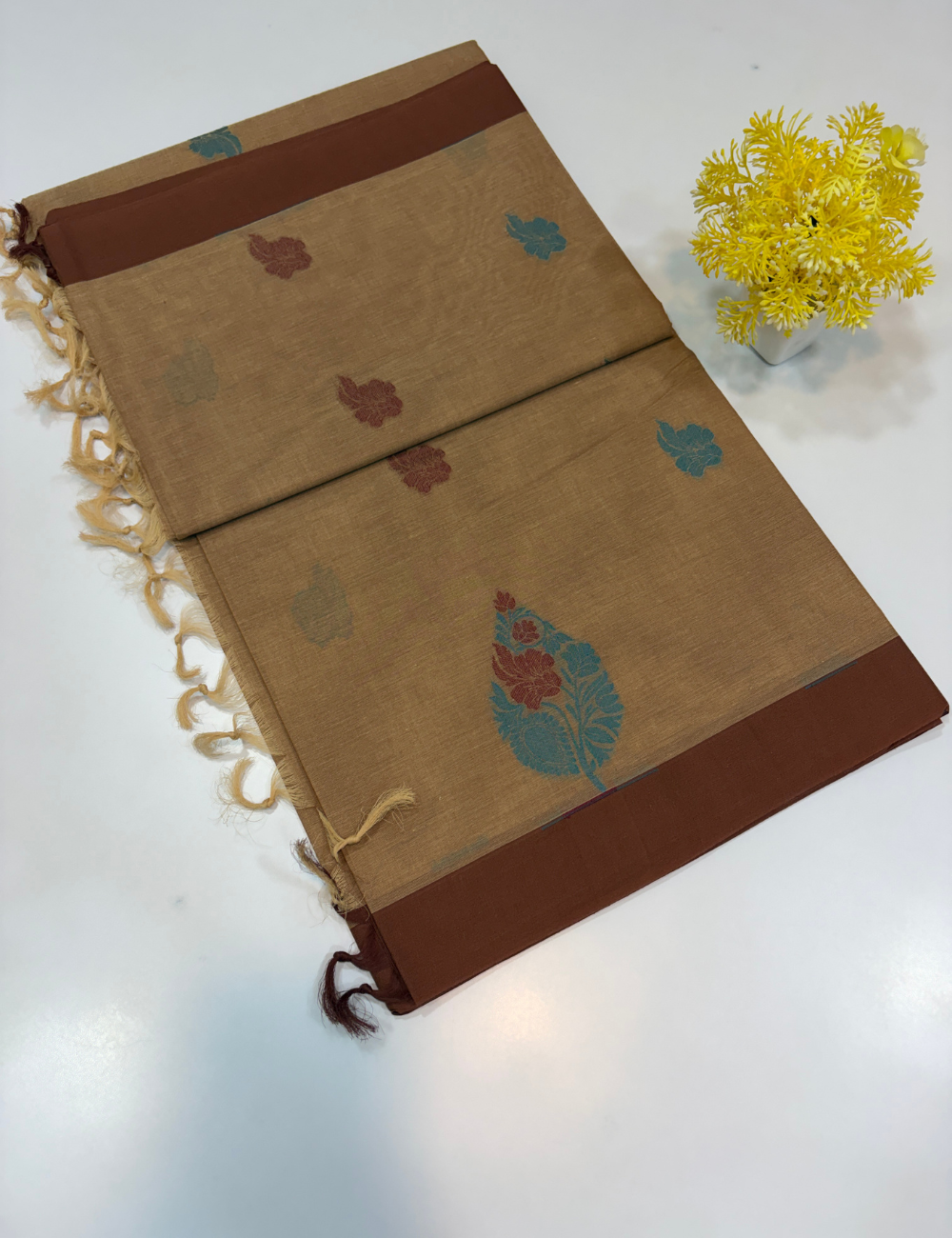 Negamam Pure Cotton Saree – Sandalwood Beige with Chocolate Brown Border