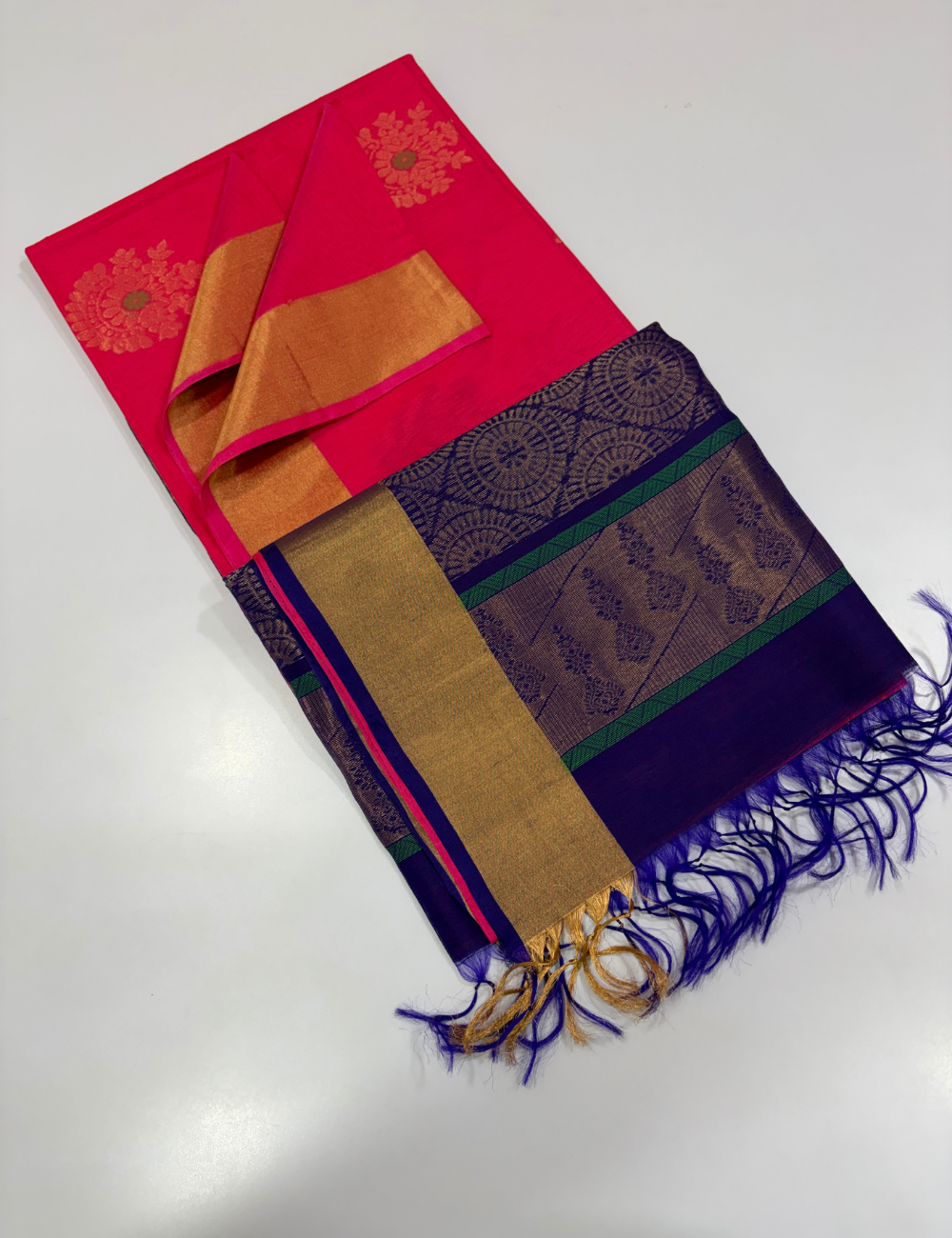 Handloom Pure Silkcotton Saree with Tissue Border – Rosepink & Royal Blue Elegance
