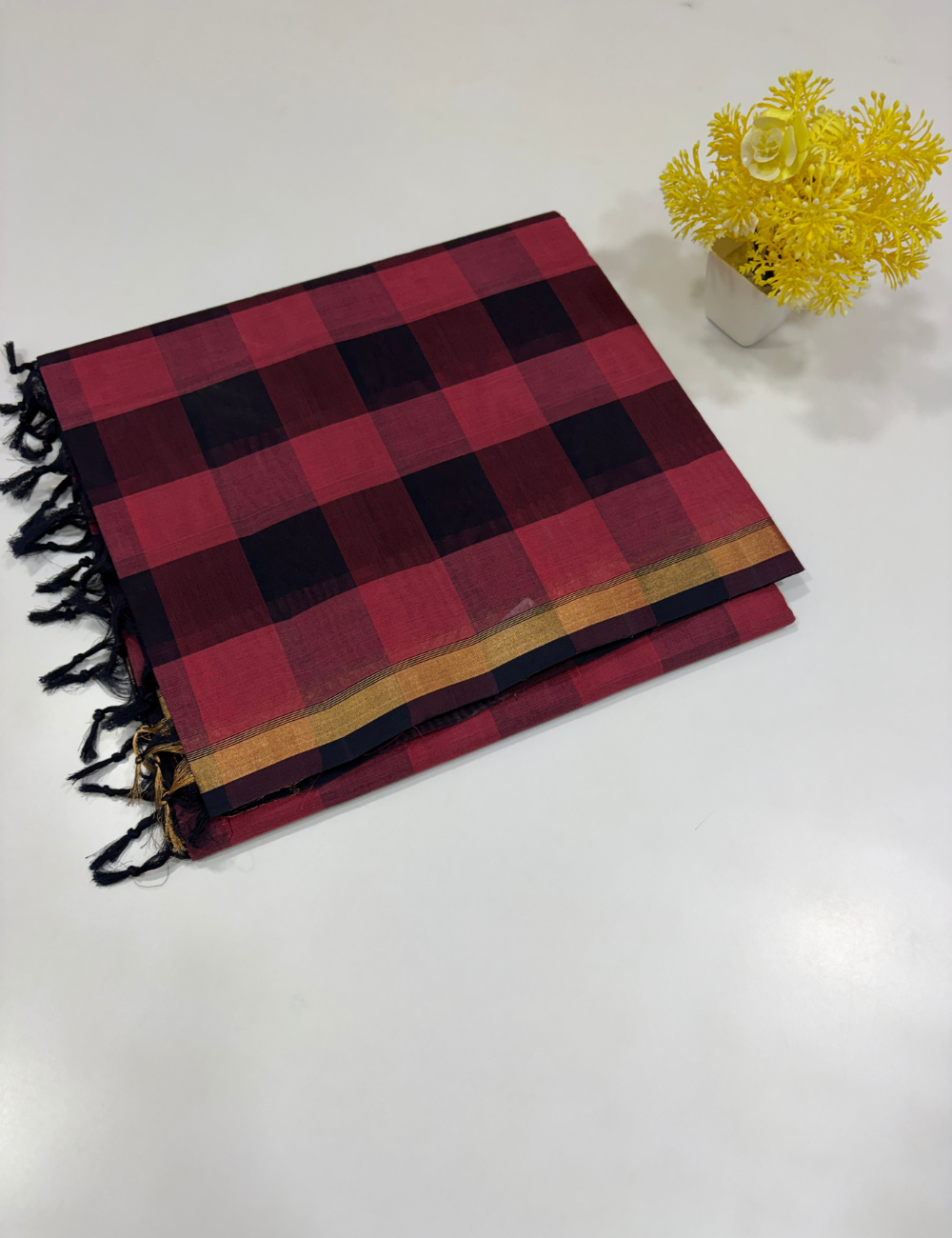 Negamam Pure Cotton Palum Pazhamum Checked Saree – Navy Blue & Pink