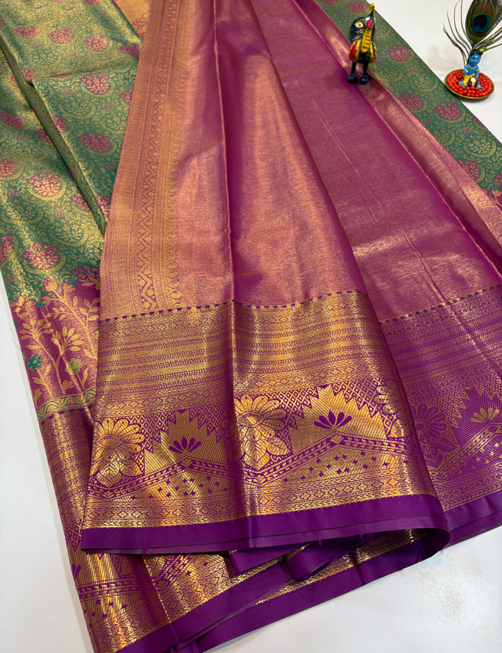 Semi Bridal Semi Silk Saree in Pista Green with Purple Korvai Border | Full Brocade Weaving | Aadithya Handlooms