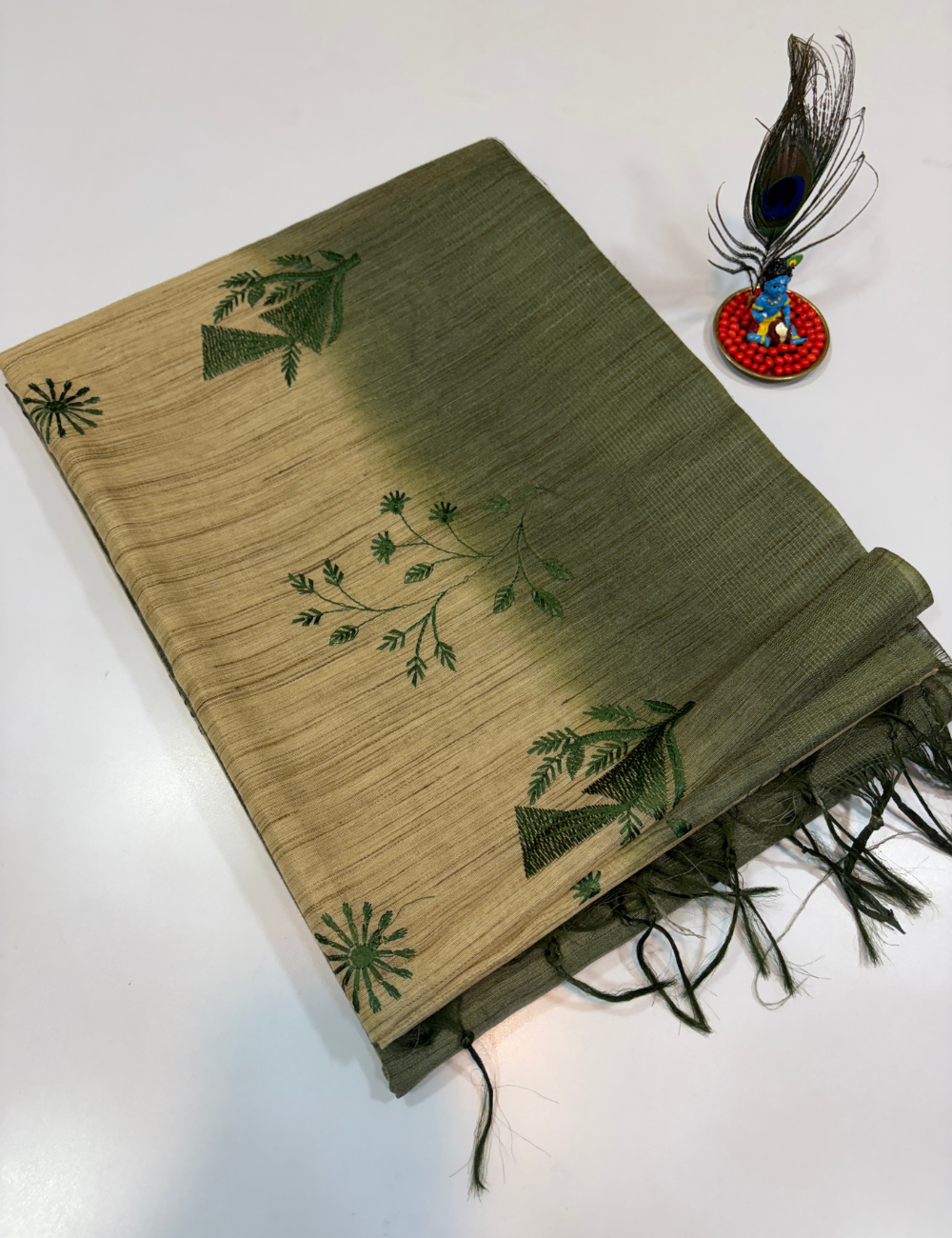 Golden Beige Soft Linen Embroidery Saree with Olive Green Contrast Border