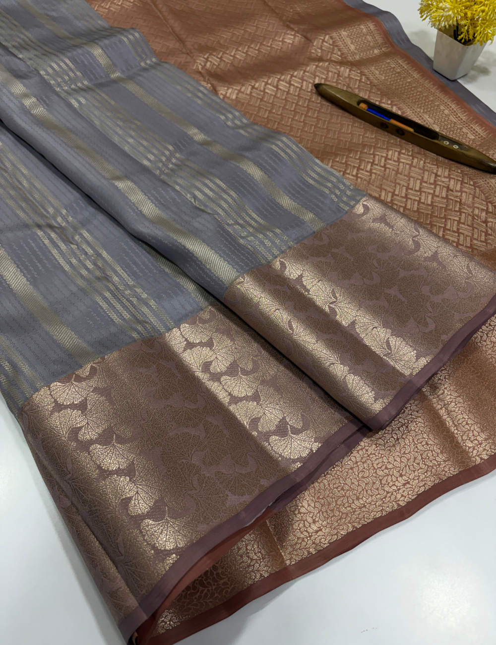 Steel Gray 50% Pure Mix Kanchi Silk Saree with Fancy Kanchi Border | Golden Brown Pallu & Blouse