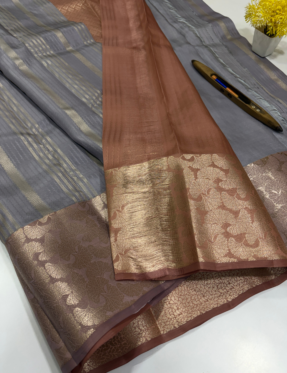 Steel Gray 50% Pure Mix Kanchi Silk Saree with Fancy Kanchi Border | Golden Brown Pallu & Blouse