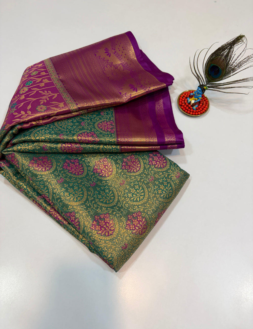 Semi Bridal Semi Silk Saree in Pista Green with Purple Korvai Border | Full Brocade Weaving | Aadithya Handlooms