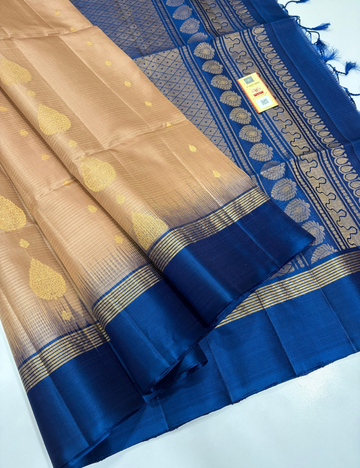 Handloom Pure Soft Silk Saree in Beige Gold with Royal Blue Tie and Dye Contrast Border & Gold Zari Weaves | Silk Mark Certified