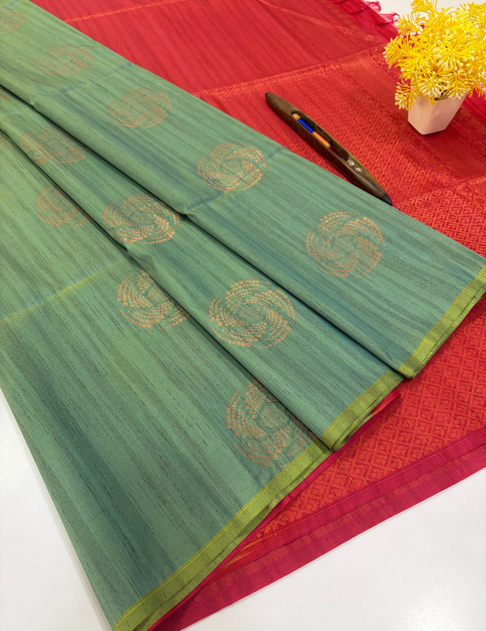 Aurelia Soft Silk Saree – Sage Green with Pink Pallu