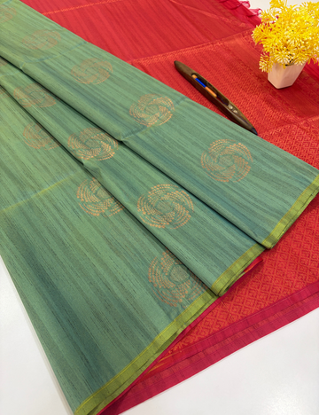 Aurelia Soft Silk Saree – Sage Green with Pink Pallu