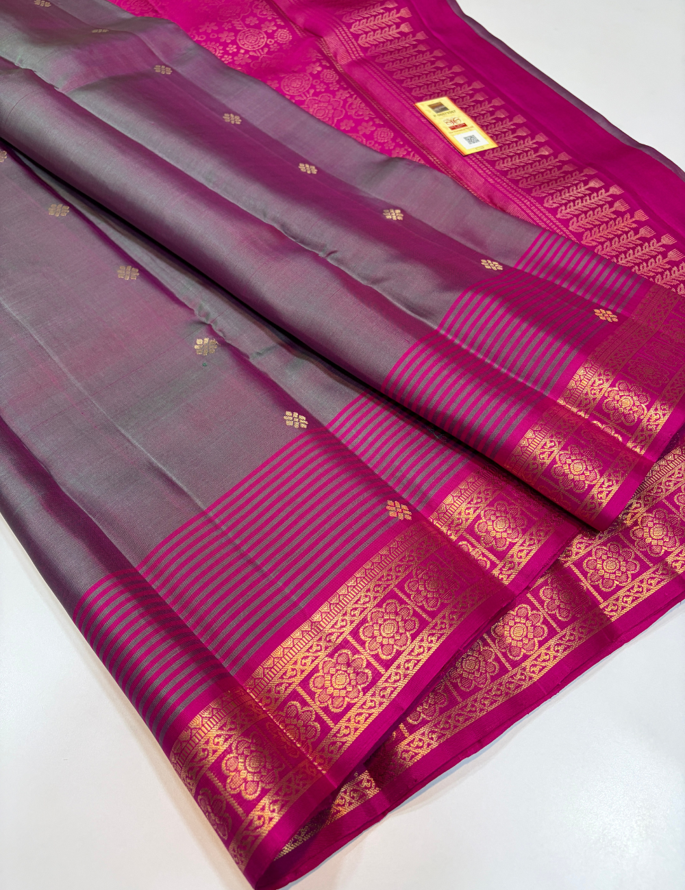 Dual Tone Green Pink Kanchi Border Handloom Pure Soft Silk Saree