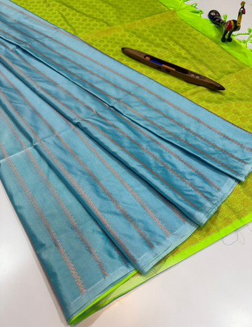 Royal Soft Cotton Handloom Saree – Aqua Blue with Royal Lime Green Pallu & Blouse