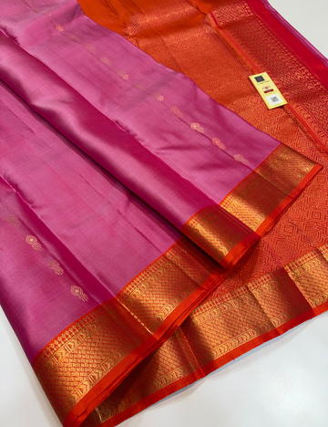 Candy Pink Handloom Pure Soft Silk Saree with Silk Mark | Orangish Pink Contrast Kanchi Border