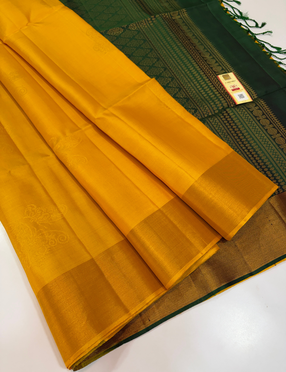 Golden Yellow Handloom Pure Softsilk Saree with Golden Zari Border & Golden Zari Putta – Contrast Bottle Green Pallu & Blouse | Silkmark Certified