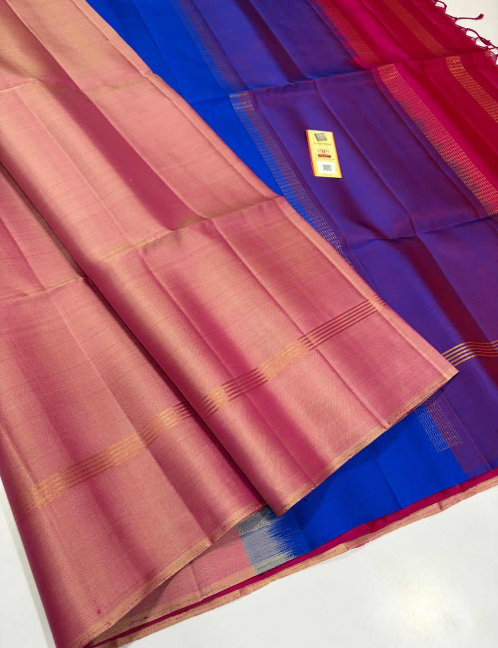 Mubbagam Pallu Handloom Pure Soft Silk Saree with Silk Mark | Pink Body with Royal Blue & Magenta Pallu and Rani Pink Piping Border