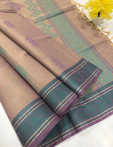 Negamam 80s Count Pure Cotton Handloom Saree – Pastel Lavender with Teal & Purple Border