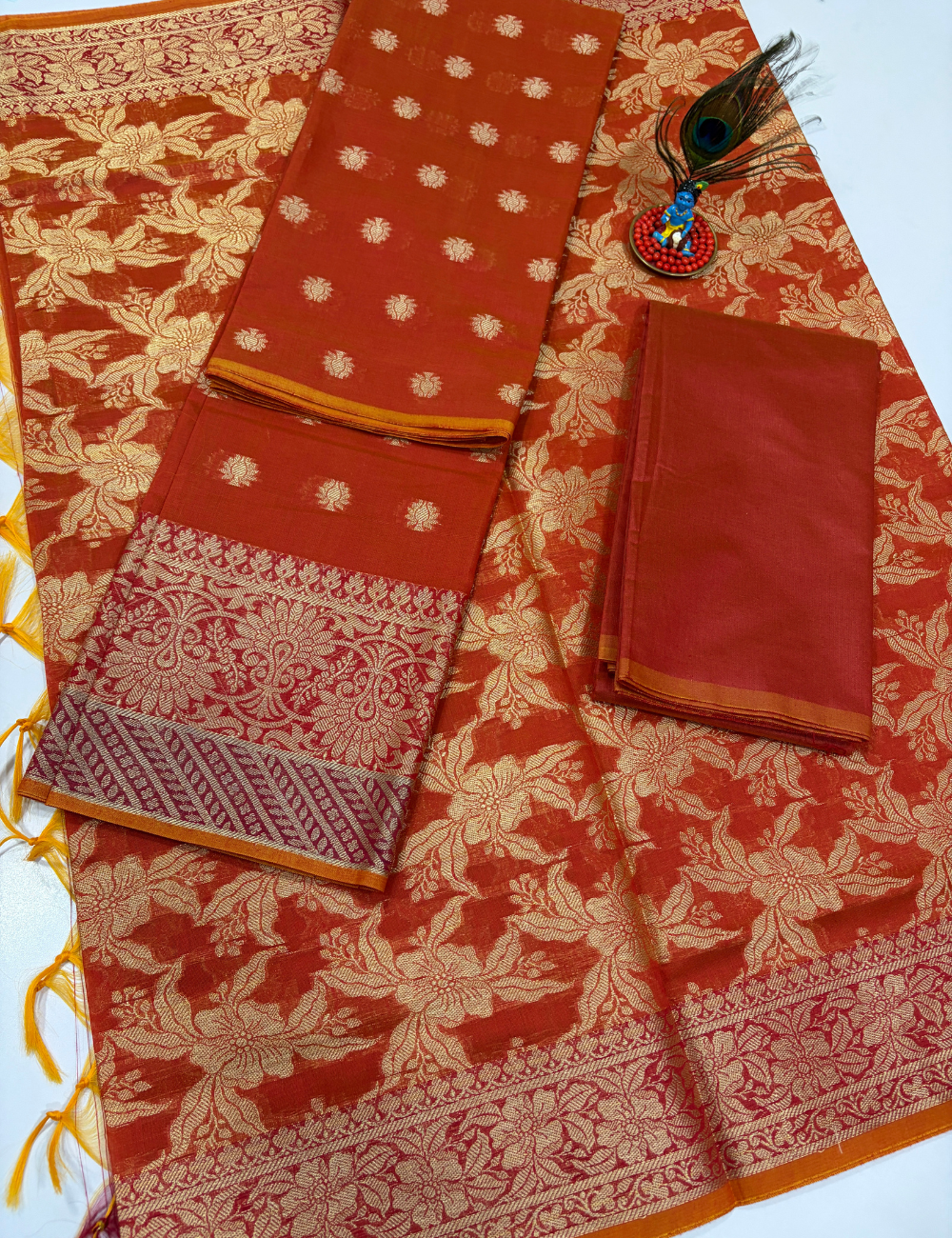 Orange Monotone Handloom Silk Cotton 3 Pc Salwar Set | Elegant Traditional Wear