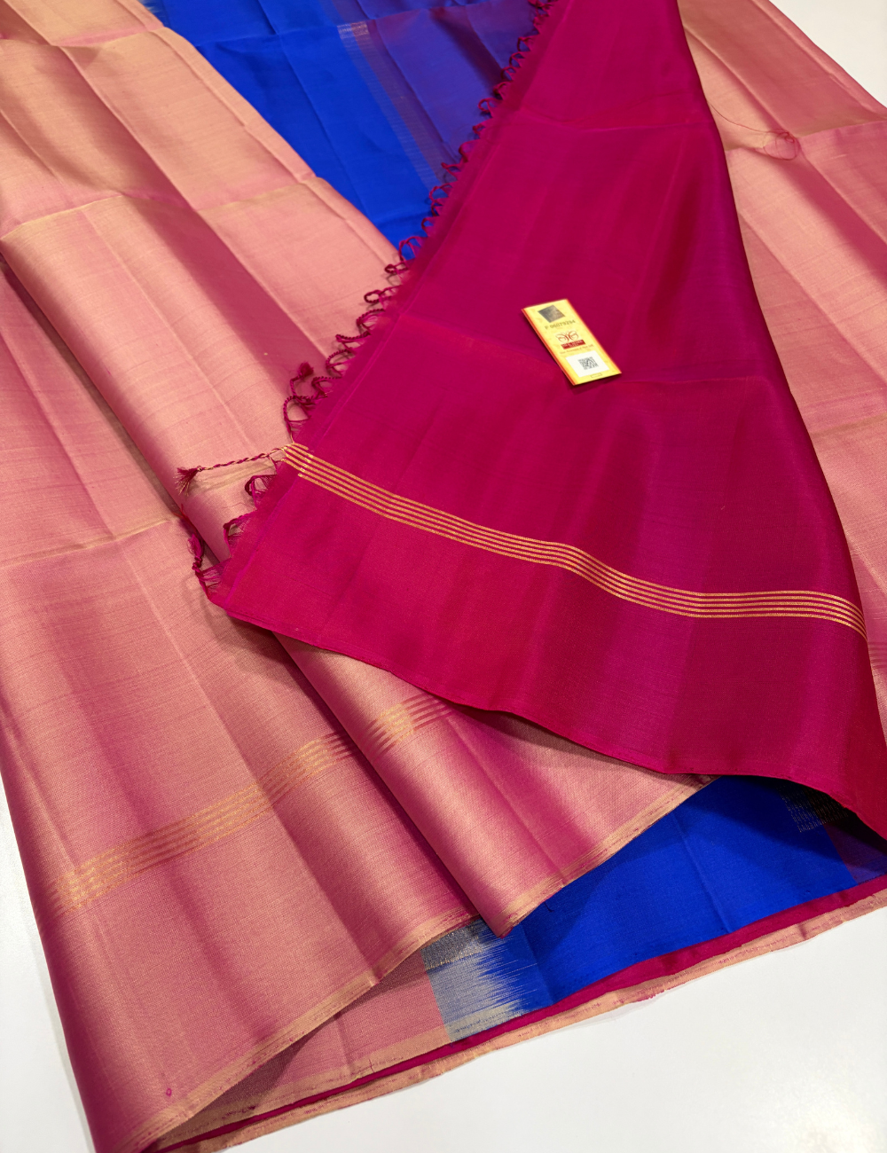 Mubbagam Pallu Handloom Pure Soft Silk Saree with Silk Mark | Pink Body with Royal Blue & Magenta Pallu and Rani Pink Piping Border