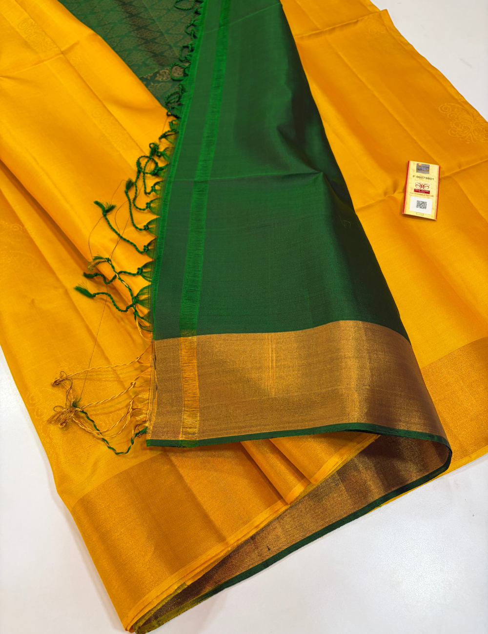 Golden Yellow Handloom Pure Softsilk Saree with Golden Zari Border & Golden Zari Putta – Contrast Bottle Green Pallu & Blouse | Silkmark Certified