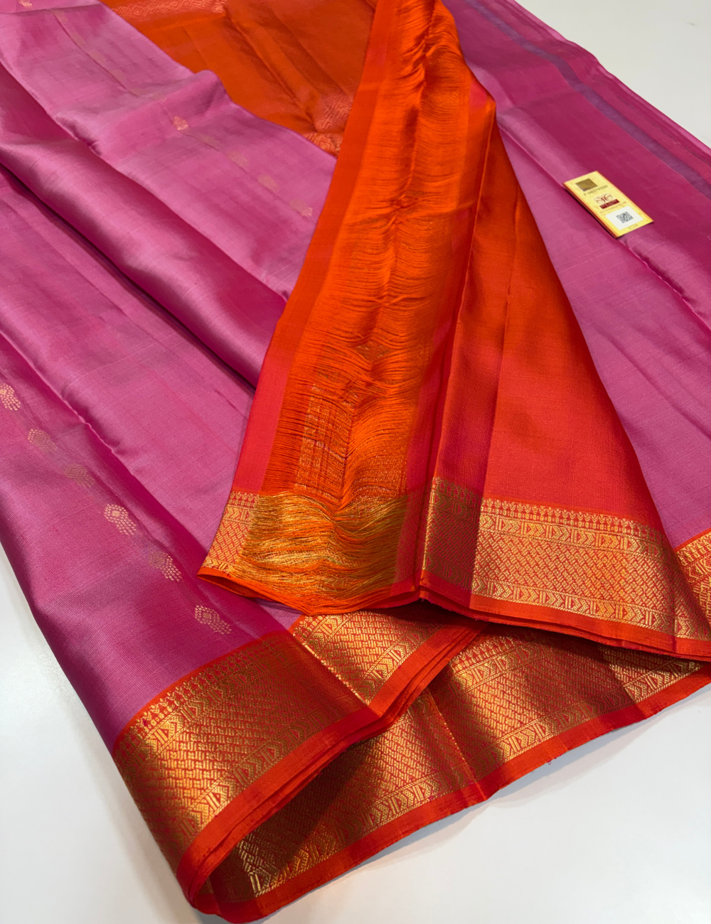 Candy Pink Handloom Pure Soft Silk Saree with Silk Mark | Orangish Pink Contrast Kanchi Border