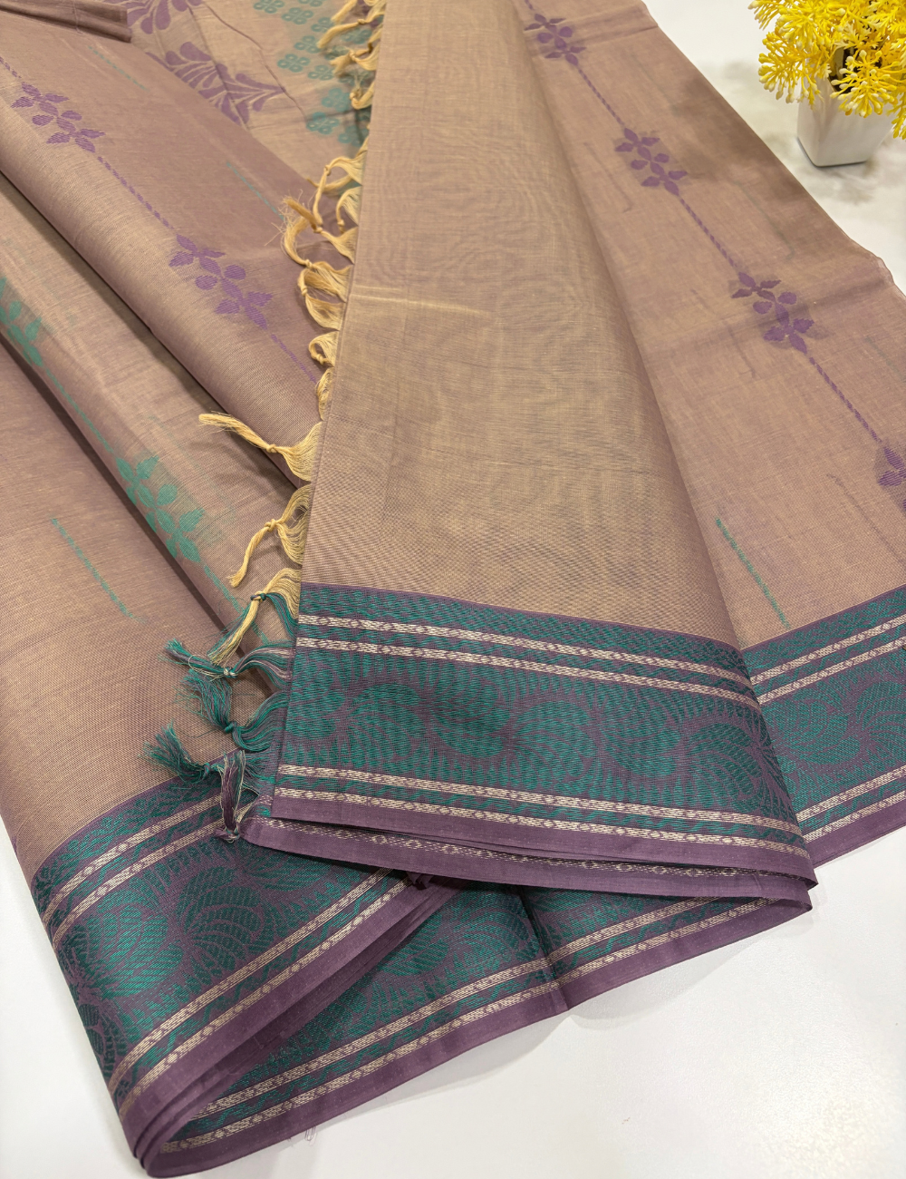 Negamam 80s Count Pure Cotton Handloom Saree – Pastel Lavender with Teal & Purple Border