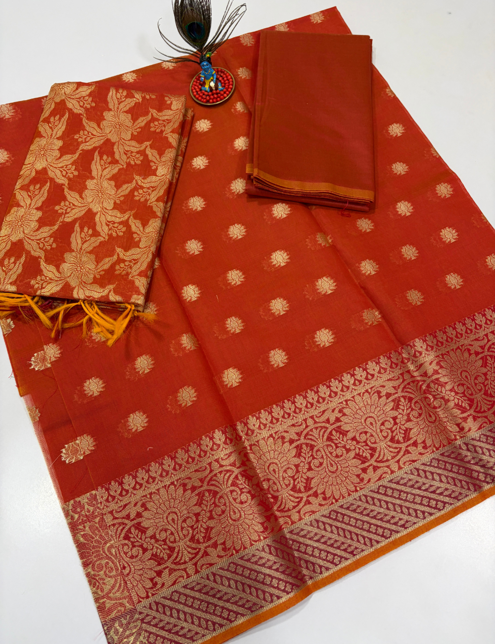 Orange Monotone Handloom Silk Cotton 3 Pc Salwar Set | Elegant Traditional Wear