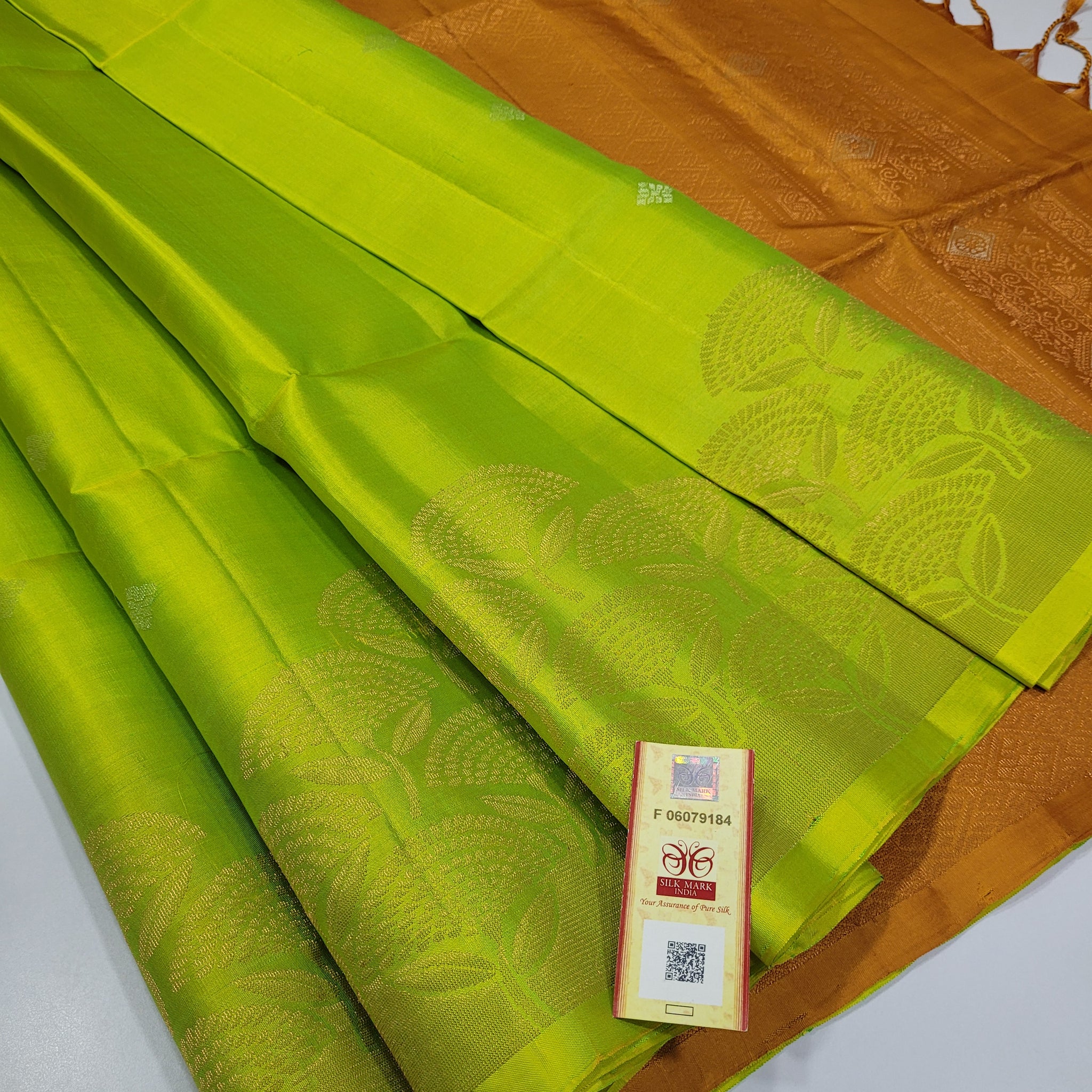 Light Green with Orange Soft Silk Saree with Self Turning border