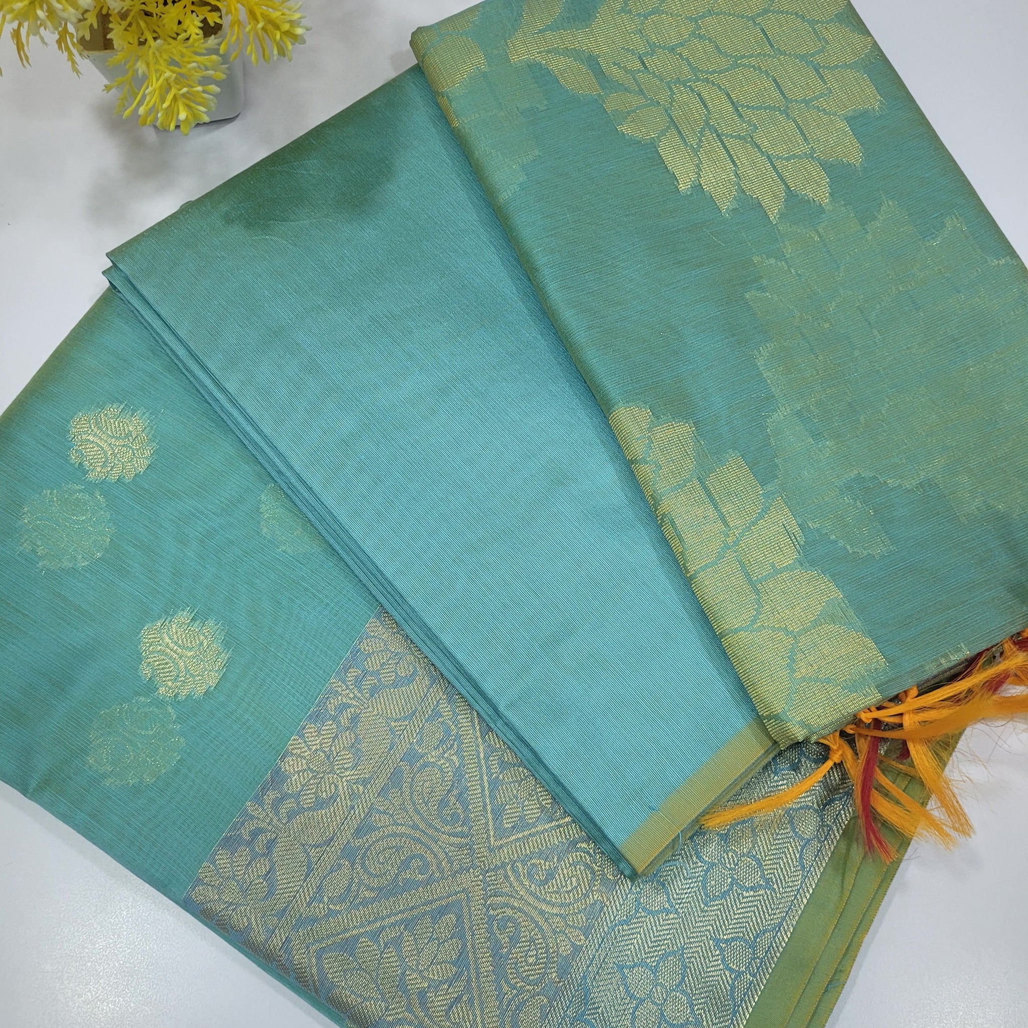 Dual Tone Sea Blue Handloom Silk Cotton Unstitched Salwar Set with Traditional Border & Brocade Shawl – 3PC Function Wear