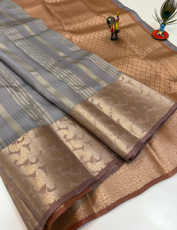 50% Pure Mix Silk Saree – Silver Grey with Dusty Rose Gold Pallu & Antique Gold Brocade Border | Emboss Design Body