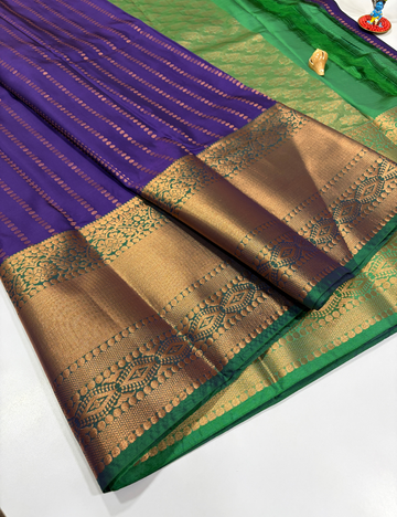 Deep Violet Semi Soft Silk Saree with Kanchi Border | Green Pallu & Blouse