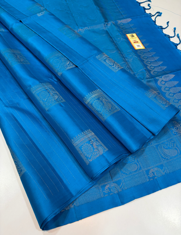 Borderless Anantha Blue Golden Jari Putta Handloom Pure Soft Silk Saree with Silk Mark