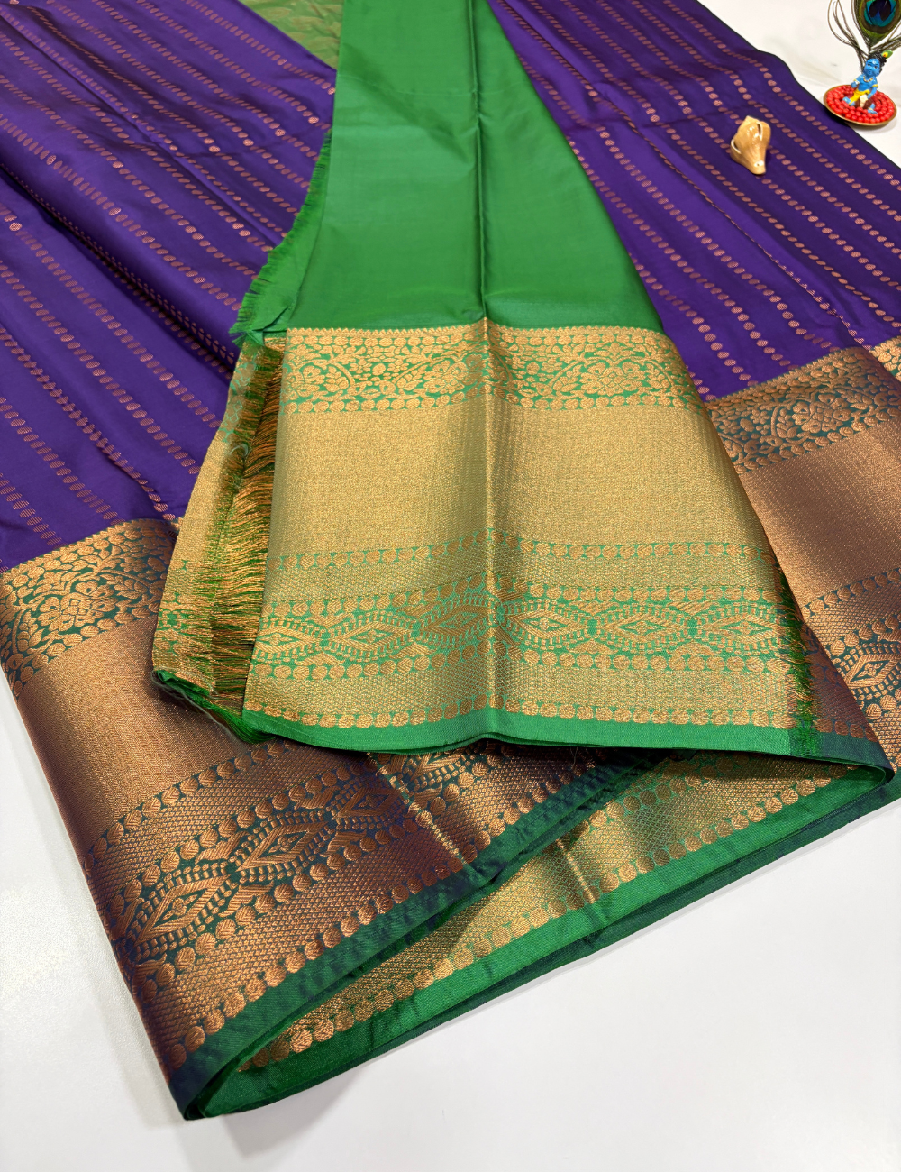 Deep Violet Semi Soft Silk Saree with Kanchi Border | Green Pallu & Blouse