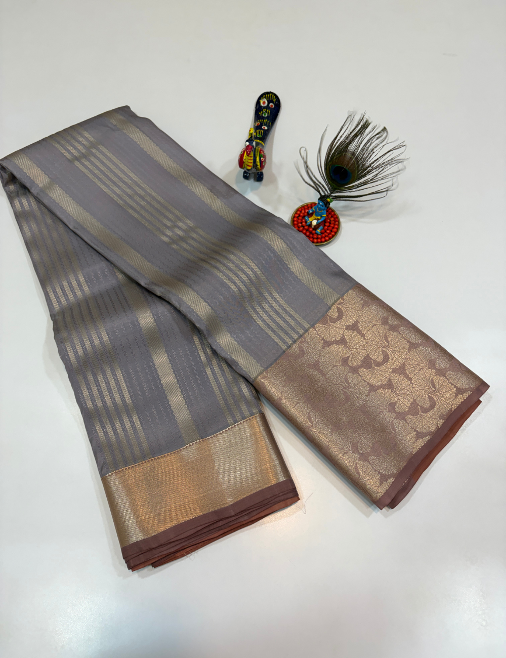 50% Pure Mix Silk Saree – Silver Grey with Dusty Rose Gold Pallu & Antique Gold Brocade Border | Emboss Design Body