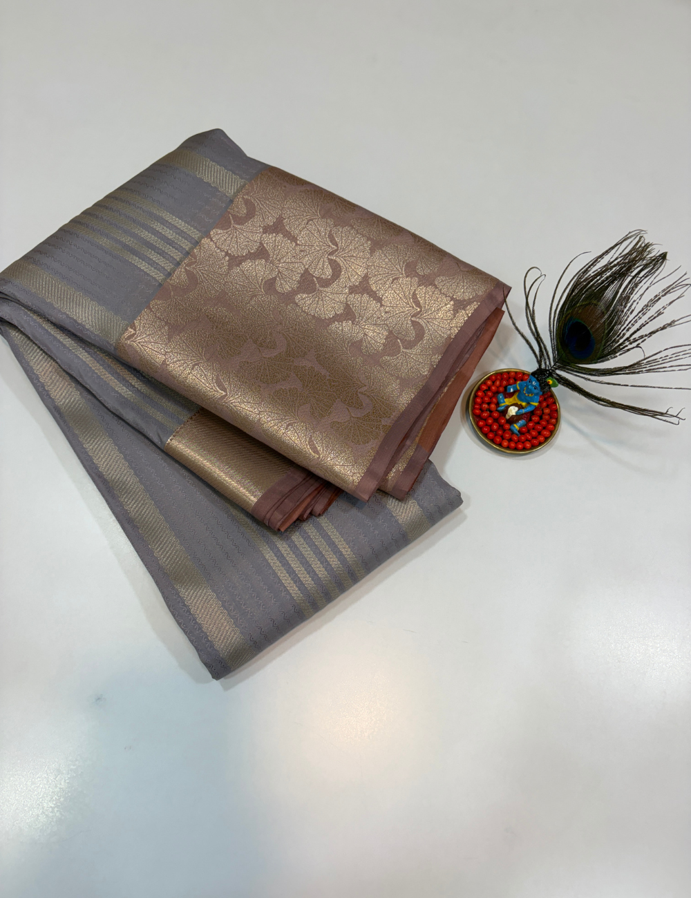 50% Pure Mix Silk Saree – Silver Grey with Dusty Rose Gold Pallu & Antique Gold Brocade Border | Emboss Design Body