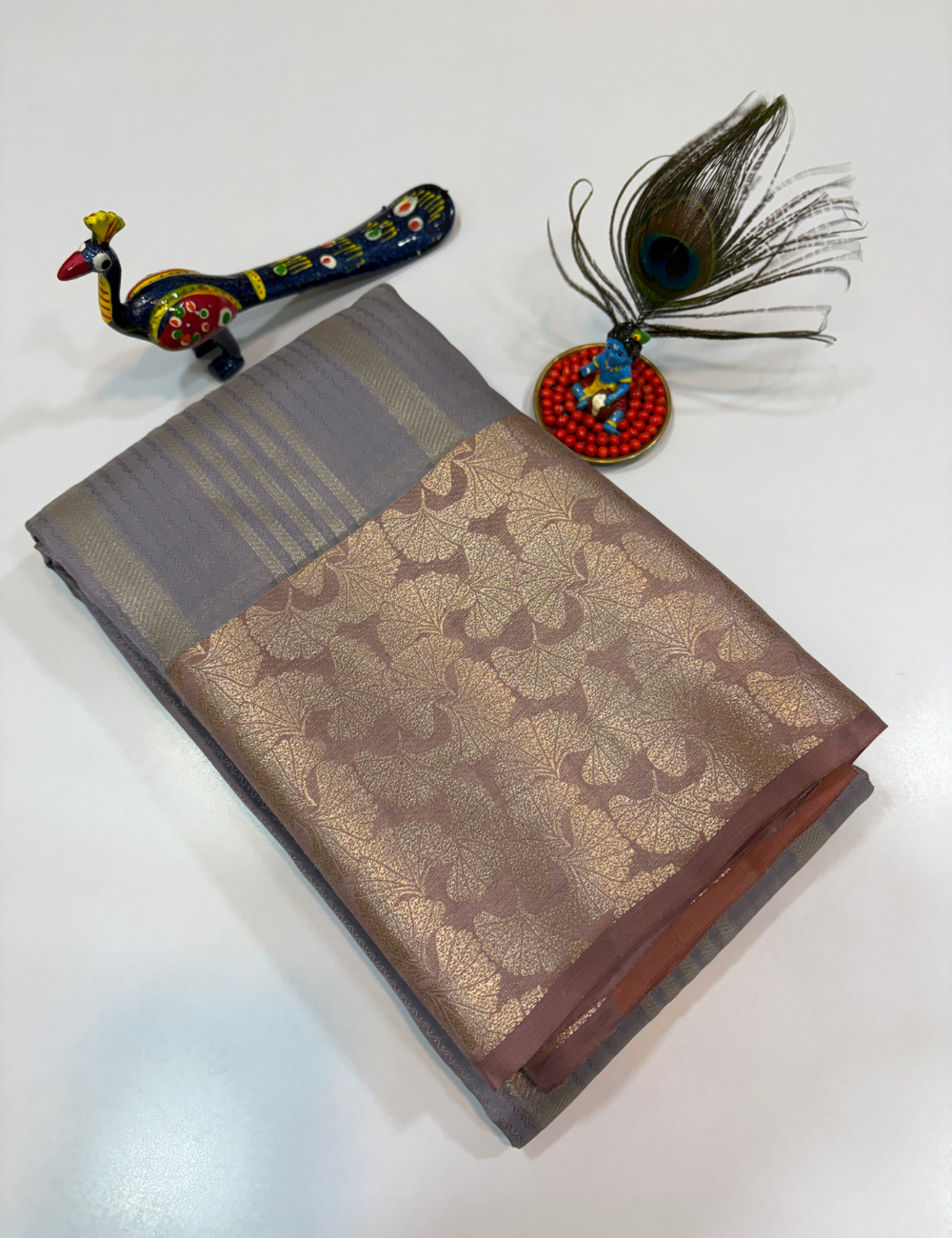 50% Pure Mix Silk Saree – Silver Grey with Dusty Rose Gold Pallu & Antique Gold Brocade Border | Emboss Design Body