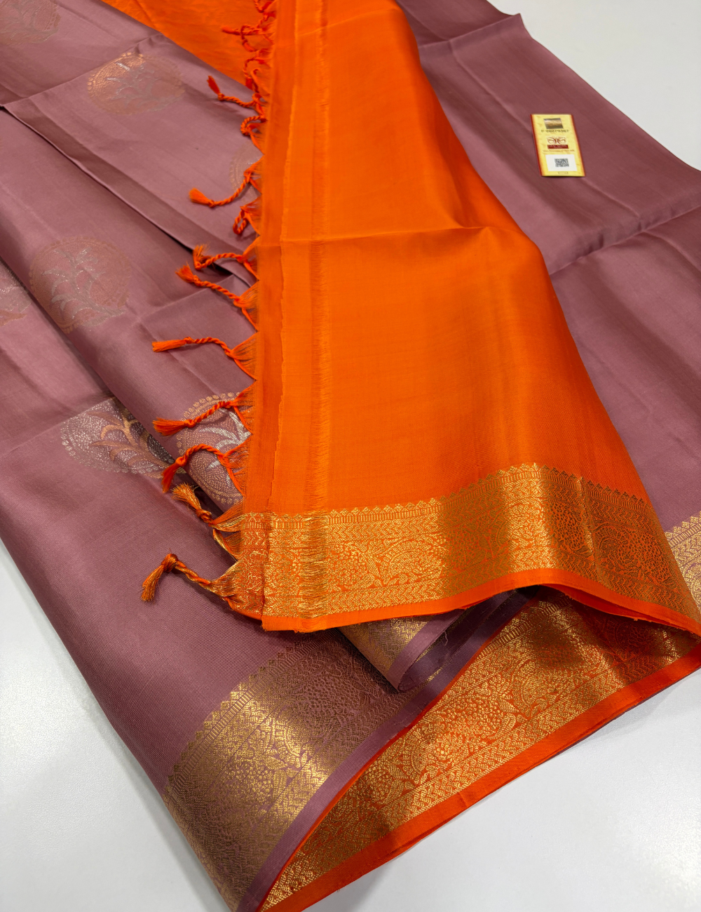 Handloom Dusky Mauve Pink Soft Silk Saree with Kanchi Border & Silk Mark | Dual Tone Orange Pallu