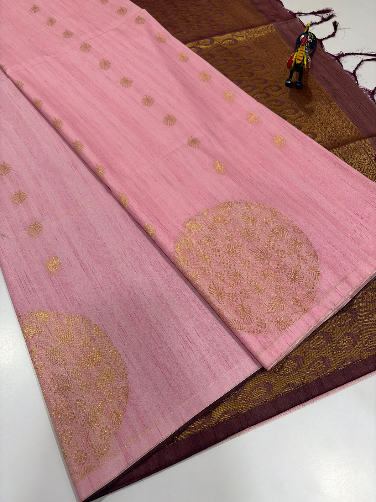 Baby Pink with Deep Maroon Contrast – Handloom Semi Raw Softsilk Saree