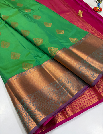 Radium Green Semi Soft Silk Saree with Kanchi Border | Rani Pink Pallu & Blouse