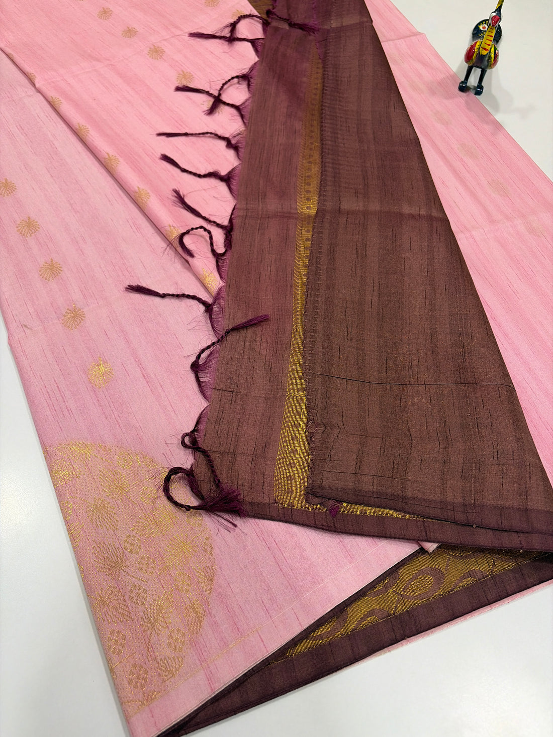 Baby Pink with Deep Maroon Contrast – Handloom Semi Raw Softsilk Saree