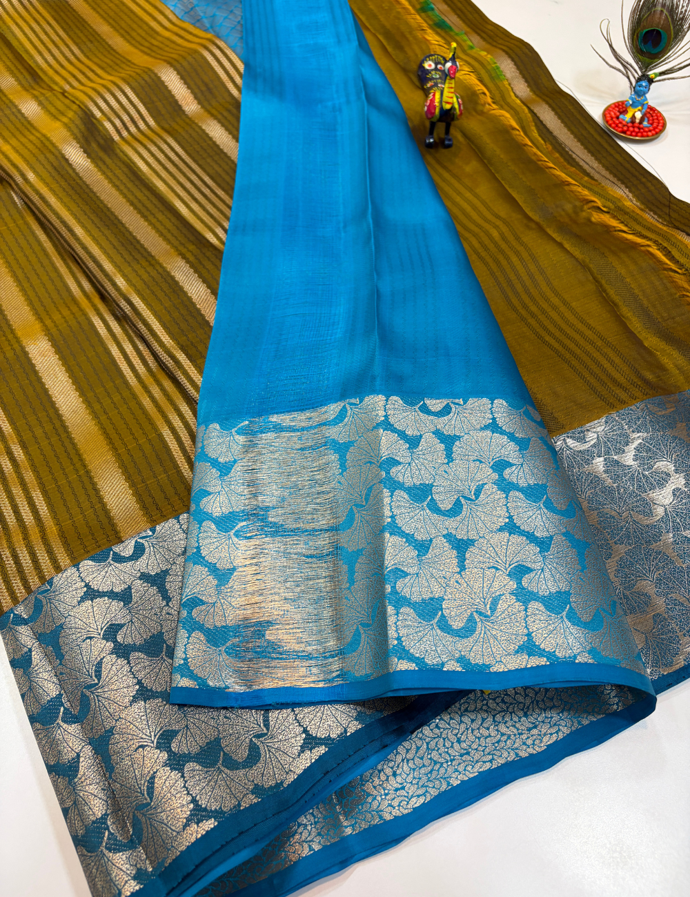 50% Pure Mix Silk Saree – Olive Mustard with Peacock Blue Contrast Pallu & Antique Gold Brocade Border | Emboss Design Body
