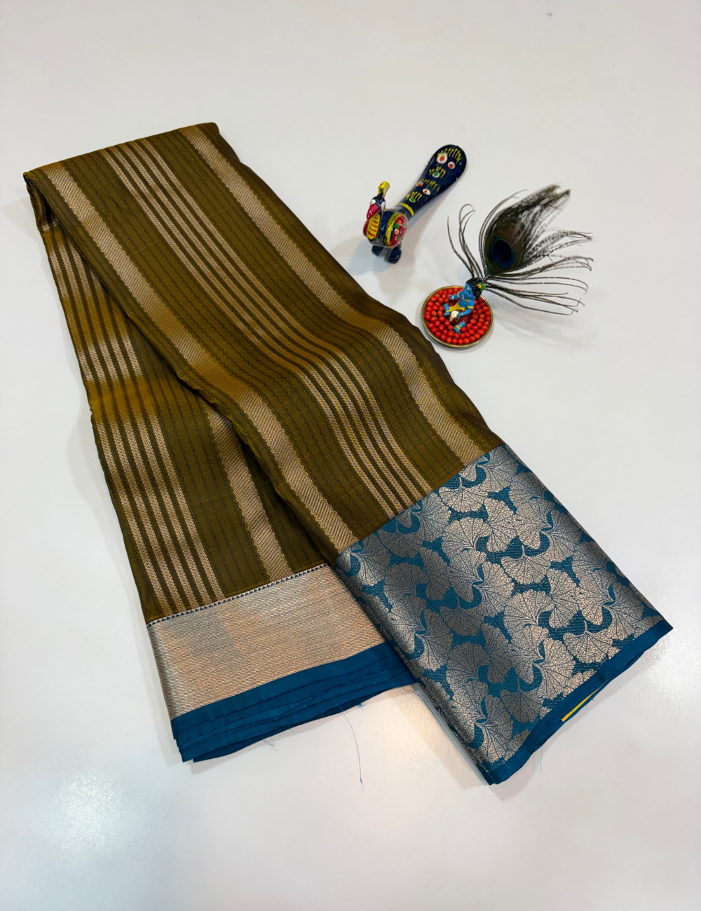 50% Pure Mix Silk Saree – Olive Mustard with Peacock Blue Contrast Pallu & Antique Gold Brocade Border | Emboss Design Body