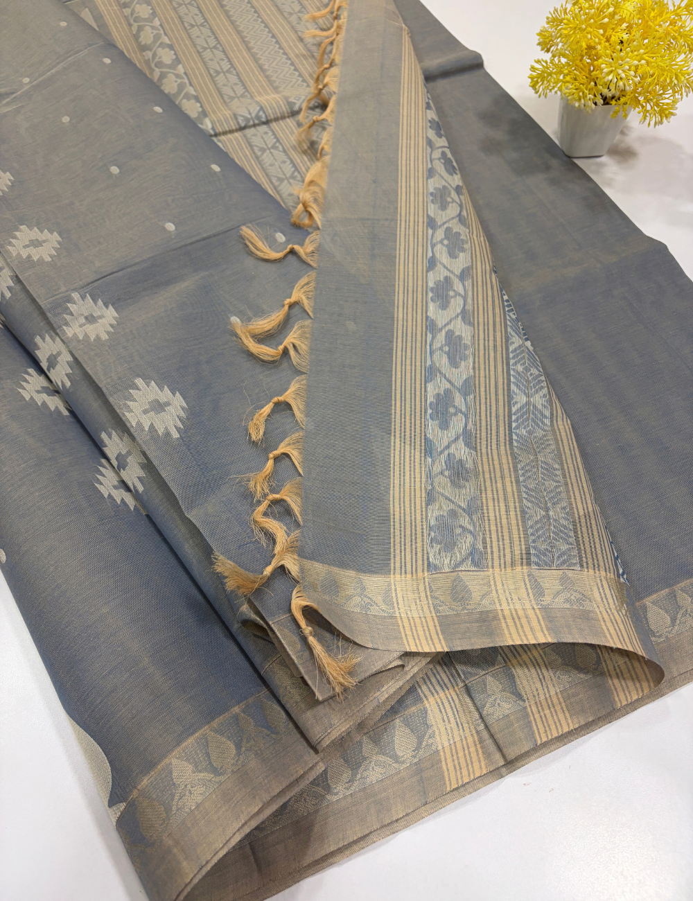 Pure Cotton Pochampally Slate Blue Thread Putta Saree