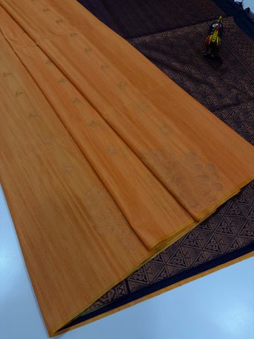 Warm Mustard Orange with Deep Navy Blue Contrast – Handloom Semi Raw Softsilk