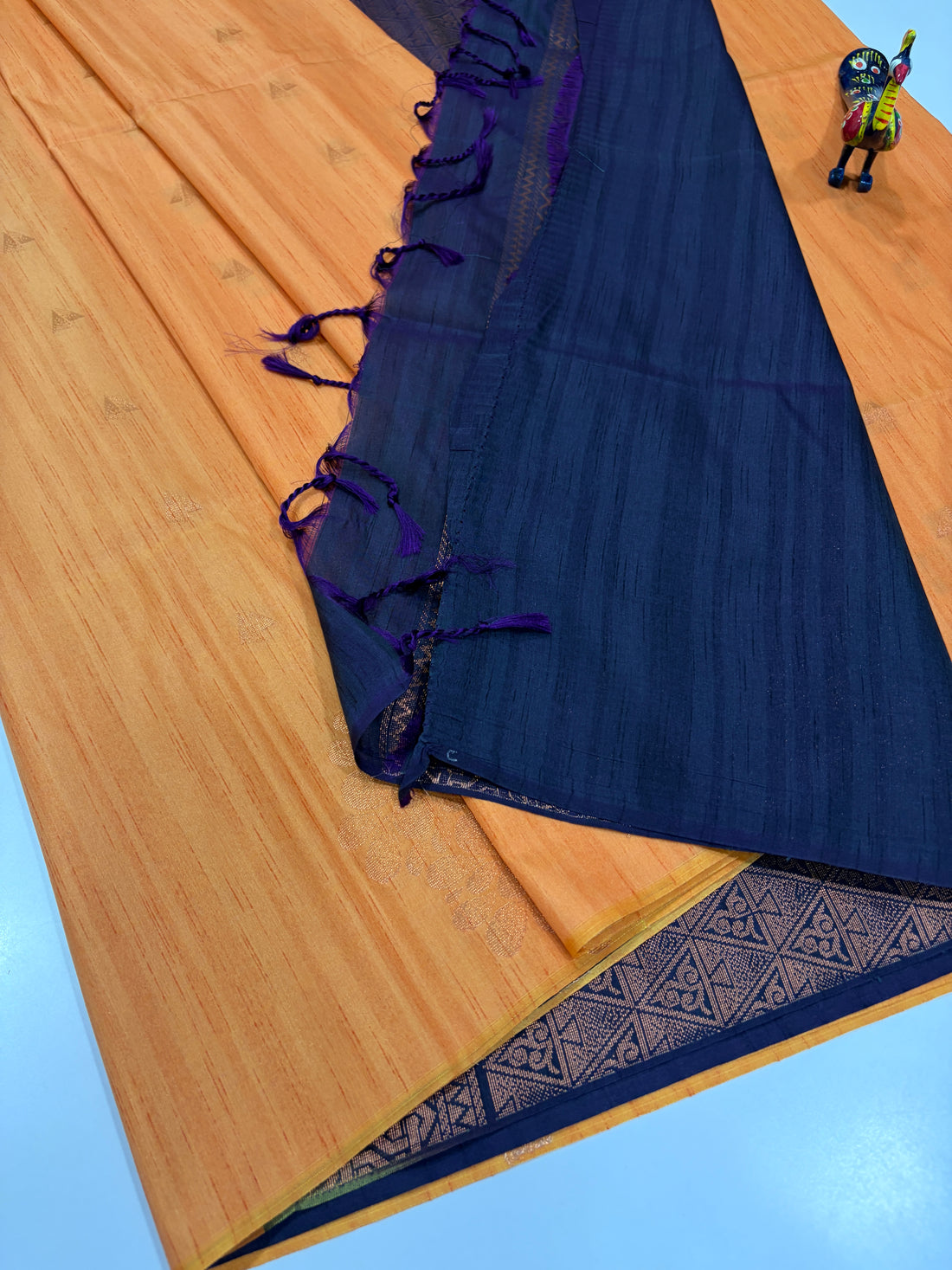 Warm Mustard Orange with Deep Navy Blue Contrast – Handloom Semi Raw Softsilk