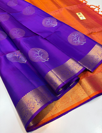 Handloom Royal Purple Soft Silk Saree with Kanchi Border & Silk Mark | Dual Tone Orange Pallu