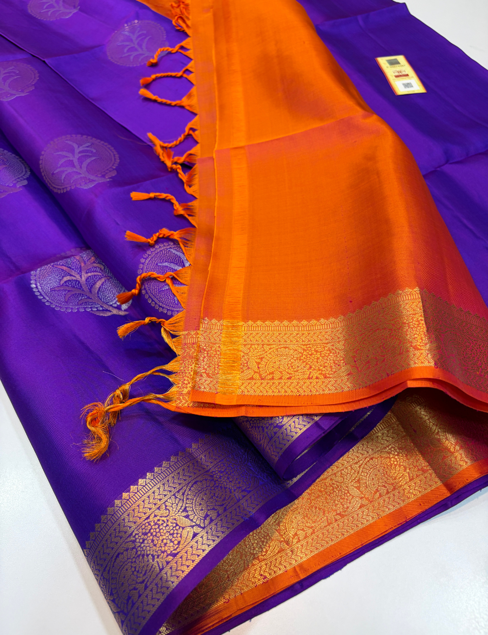 Handloom Royal Purple Soft Silk Saree with Kanchi Border & Silk Mark | Dual Tone Orange Pallu