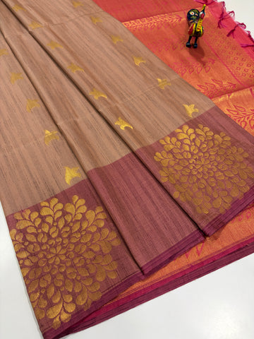 Antique Coffee Brown with Deep Wine-Maroon Border – Handloom Semi Raw Softsilk Saree