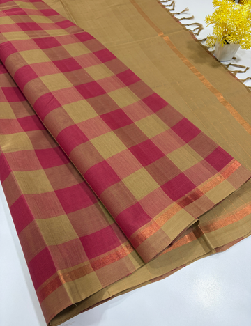 Negamam Pure Cotton Palum Pazhamum Checked Saree – Beige & Magenta Pink