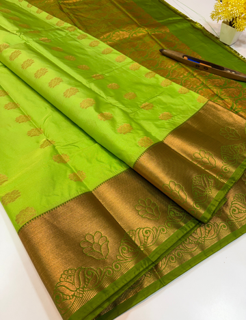 Handloom Parrot Green Semi Soft Silk Saree with Kanchi Border | Olive Green Pallu & Blouse