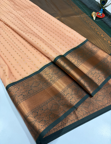 Peach Semi Soft Silk Saree with Bottle Green Pallu & 1000 Butta Design Rich Kanchi Border