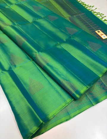 Dual Tone Green Handloom Pure Soft Silk Saree with Neem Jari Puttas | Borderless Design | Silk Mark Certified