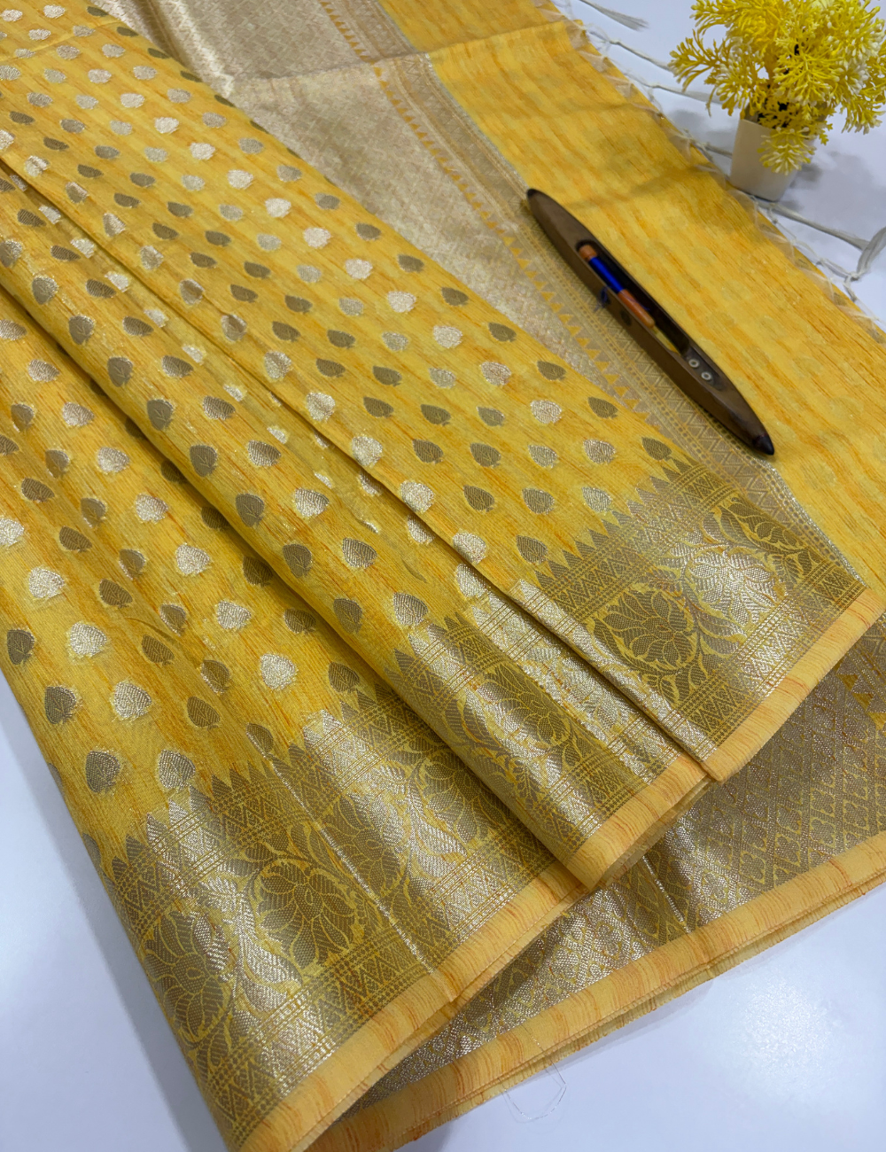 Premium Matka Silk Cotton Saree – Mustard Yellow with Full Zari Weaving | Rich Zari Border & Brocade Blouse